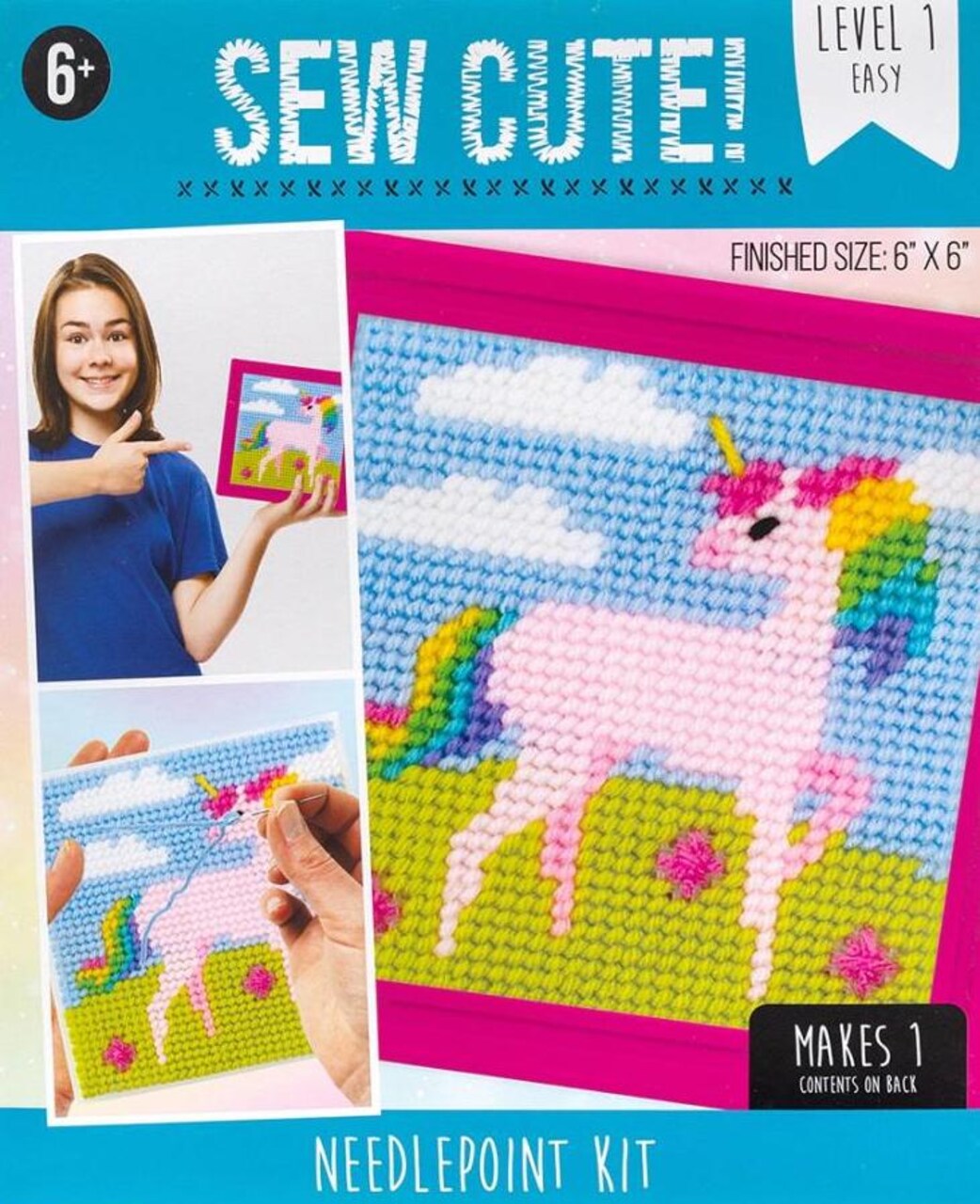 DIY Sew Cute Unicorn Kids Beginner Needlepoint Kit with Frame 6" x 6"